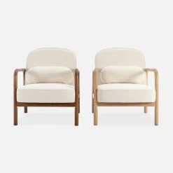 Fauteuil met naturelkleurig hout en bouclé