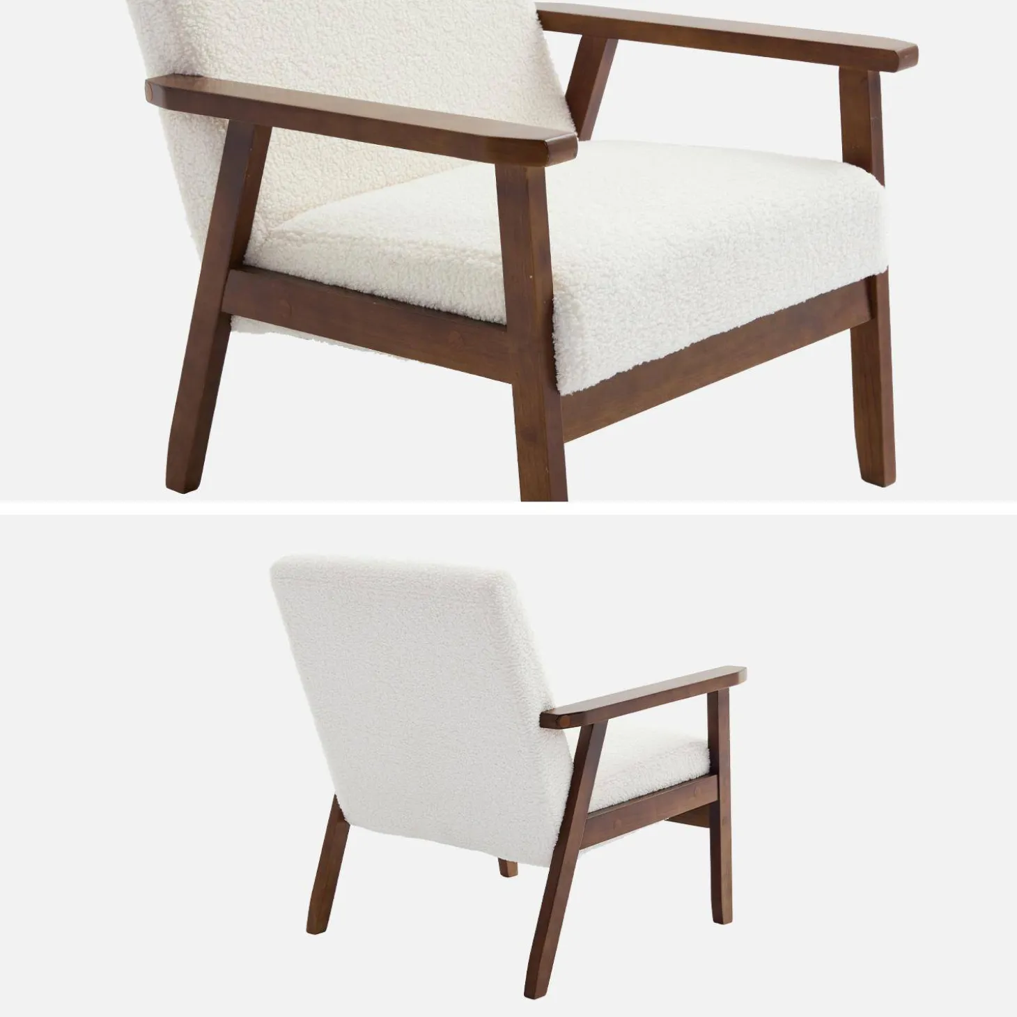 Fauteuil met walnootkleurig hout en bouclé zitting