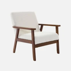 Fauteuil met walnootkleurig hout en bouclé zitting