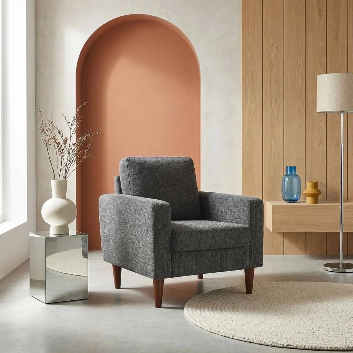 Fauteuil rubberhout en chenille stof
