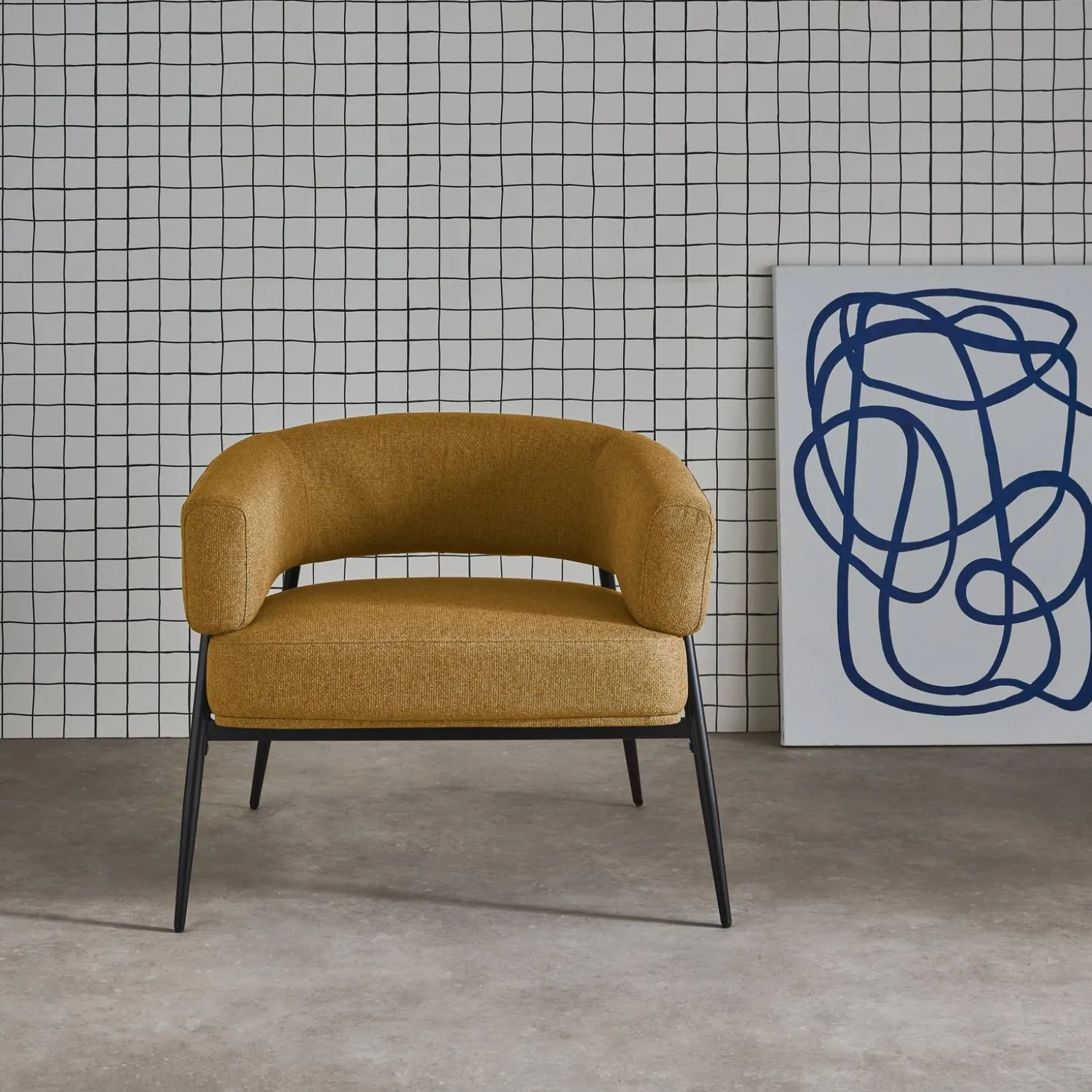 Fauteuil stof gebogen rugleuning metalen frame