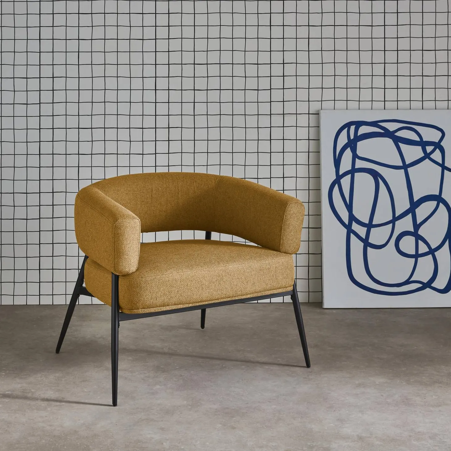 Fauteuil stof gebogen rugleuning metalen frame