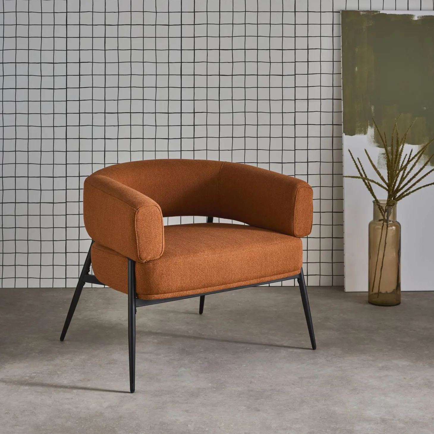 Fauteuil stof gebogen rugleuning metalen frame