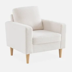 Fauteuil van boucléstof met houten poten