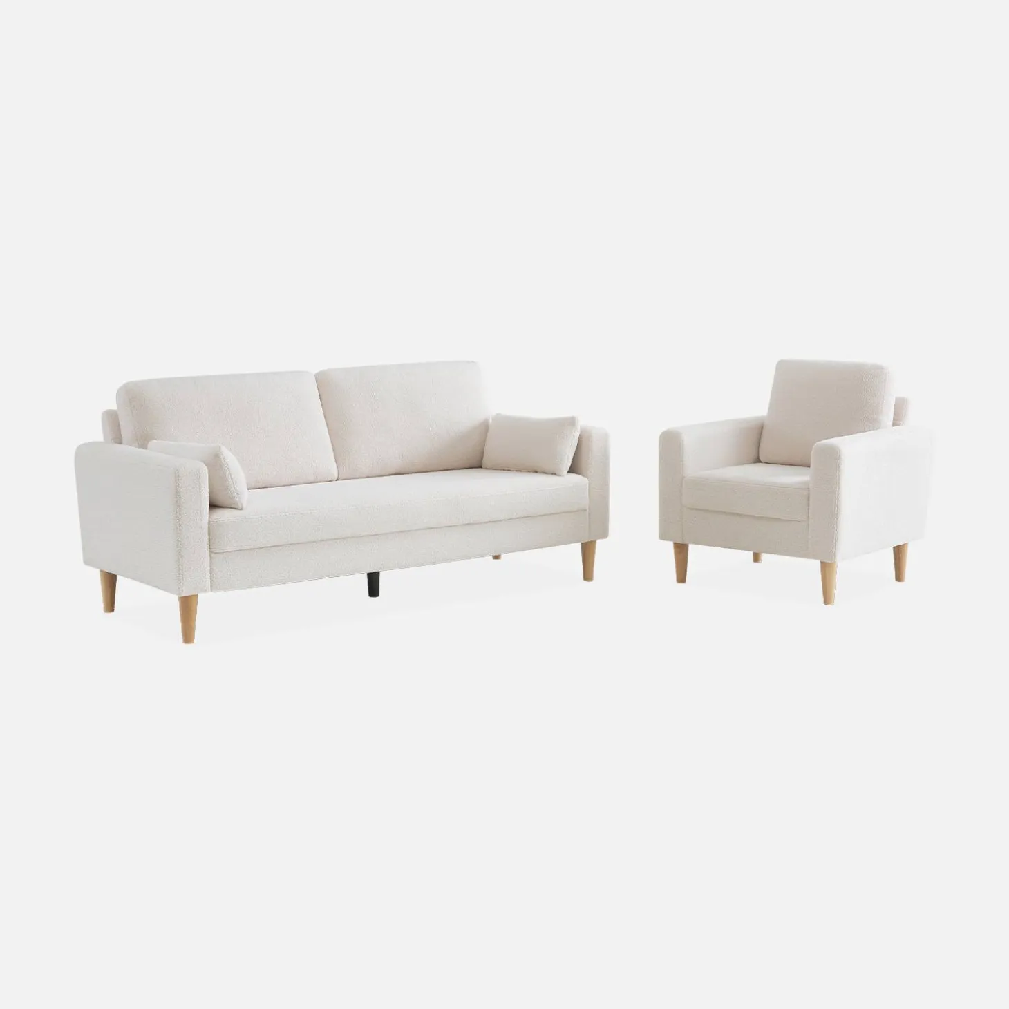 Fauteuil van boucléstof met houten poten