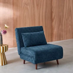 Fauteuil van chenille stof met slaapfunctie houten poten