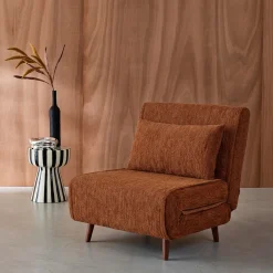 Fauteuil van chenille stof met slaapfunctie houten poten