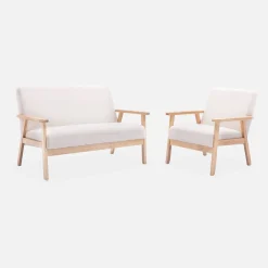 Fauteuil van hout met bouclé zitting
