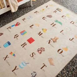 Frans educatief beige kindertapijt voor binnen alfabet