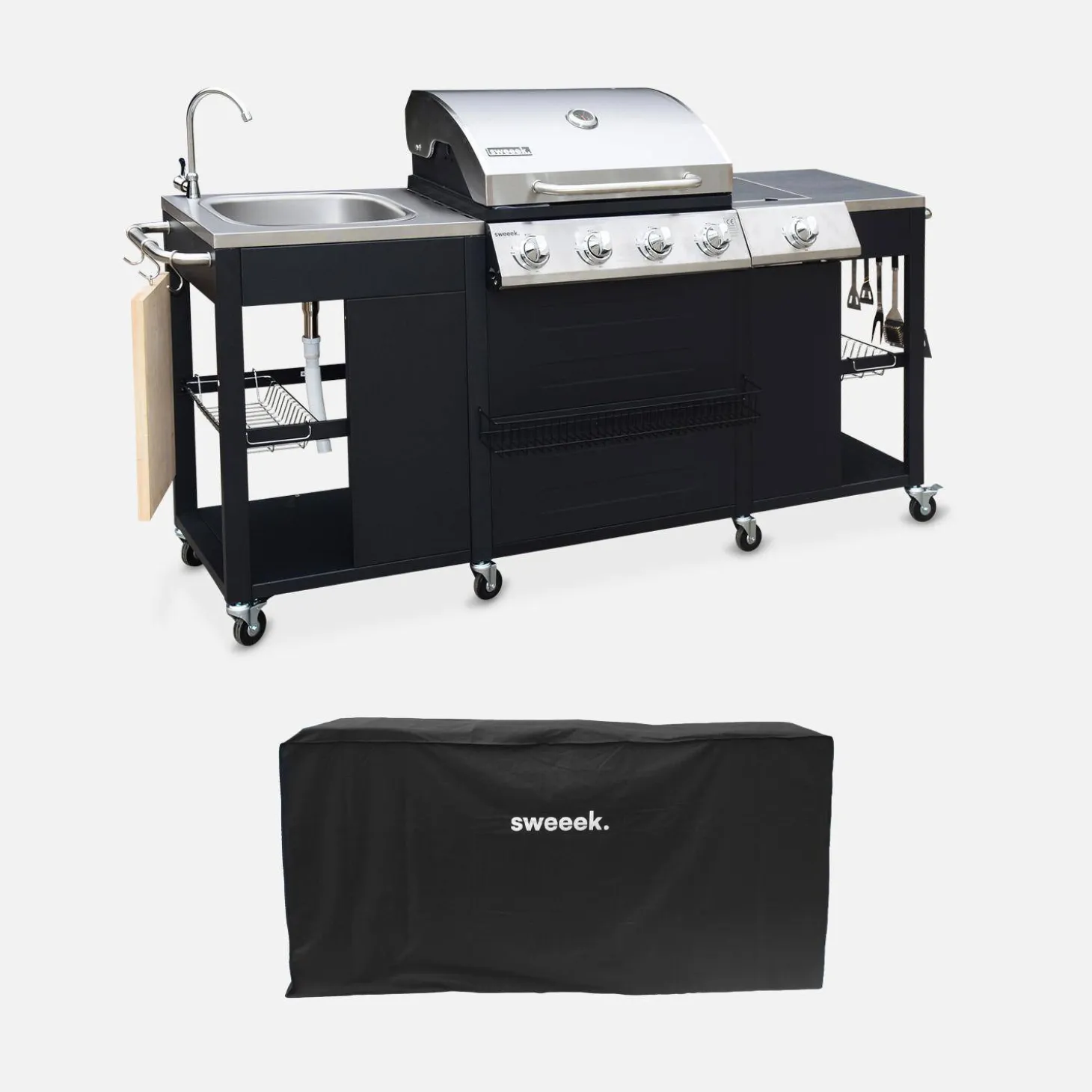 Gasbarbecue 4 branders + 1 zijbrander, buitenkeuken met gootsteen en hoes