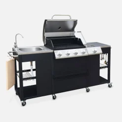Gasbarbecue 4 branders + 1 zijbrander, buitenkeuken met gootsteen en hoes
