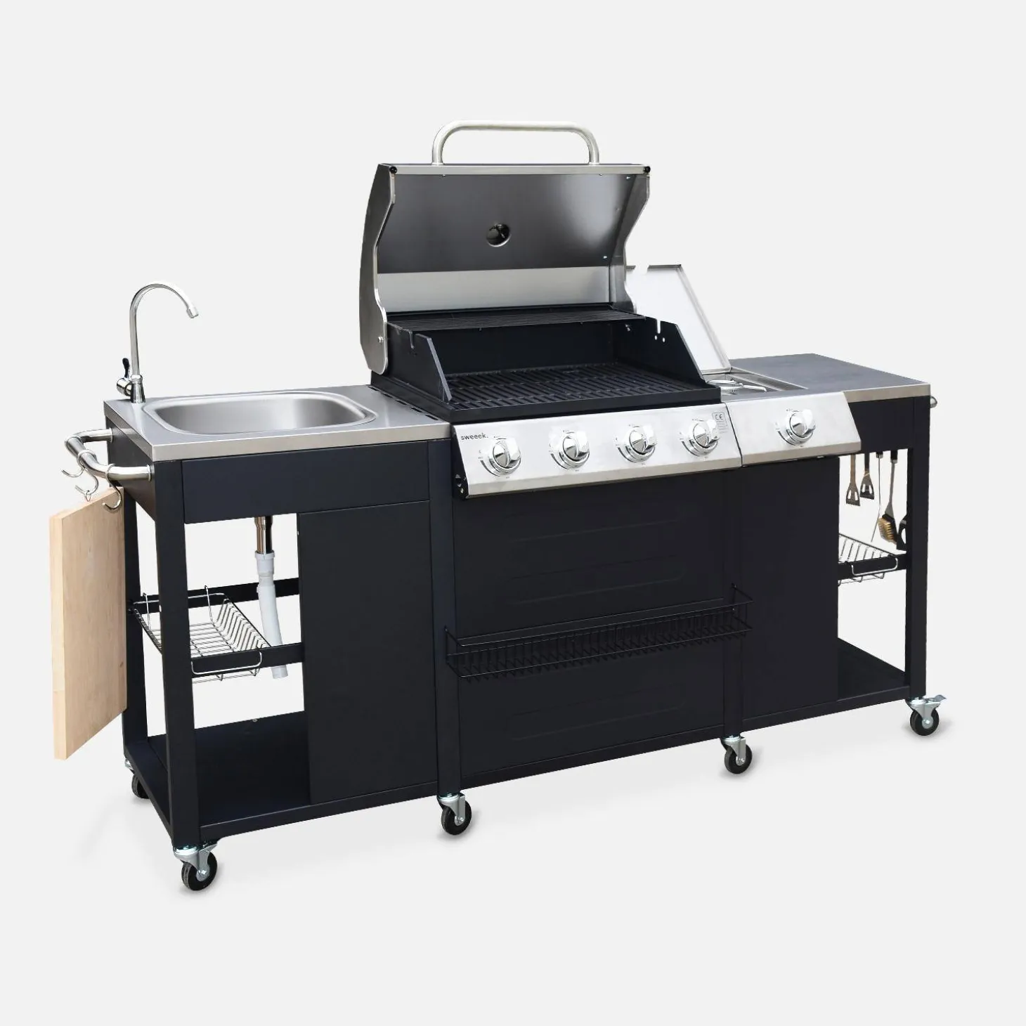 Gasbarbecue met 4 branders + 1 zijbrander met accessoires en gootsteen