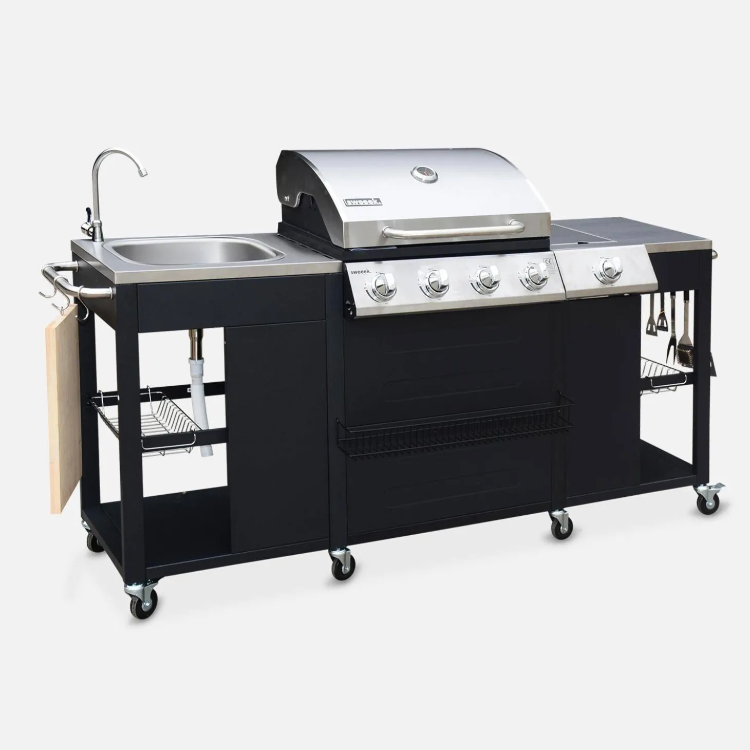 Gasbarbecue met 4 branders + 1 zijbrander met accessoires en gootsteen