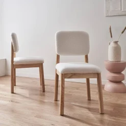 Heveahout en boucléstoffen stoel (set van 2)