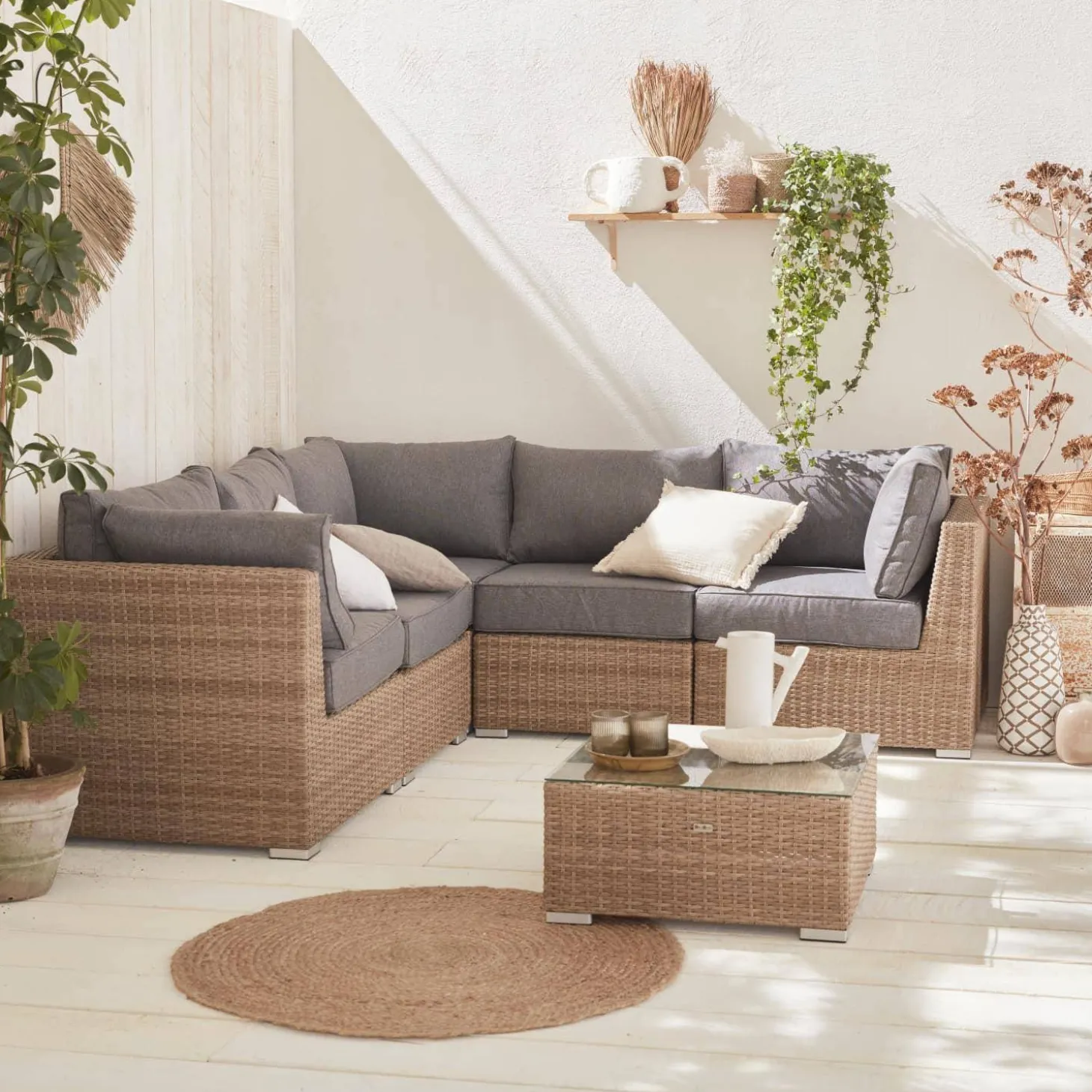 Hoek loungeset 5 plaatsen, rond wicker