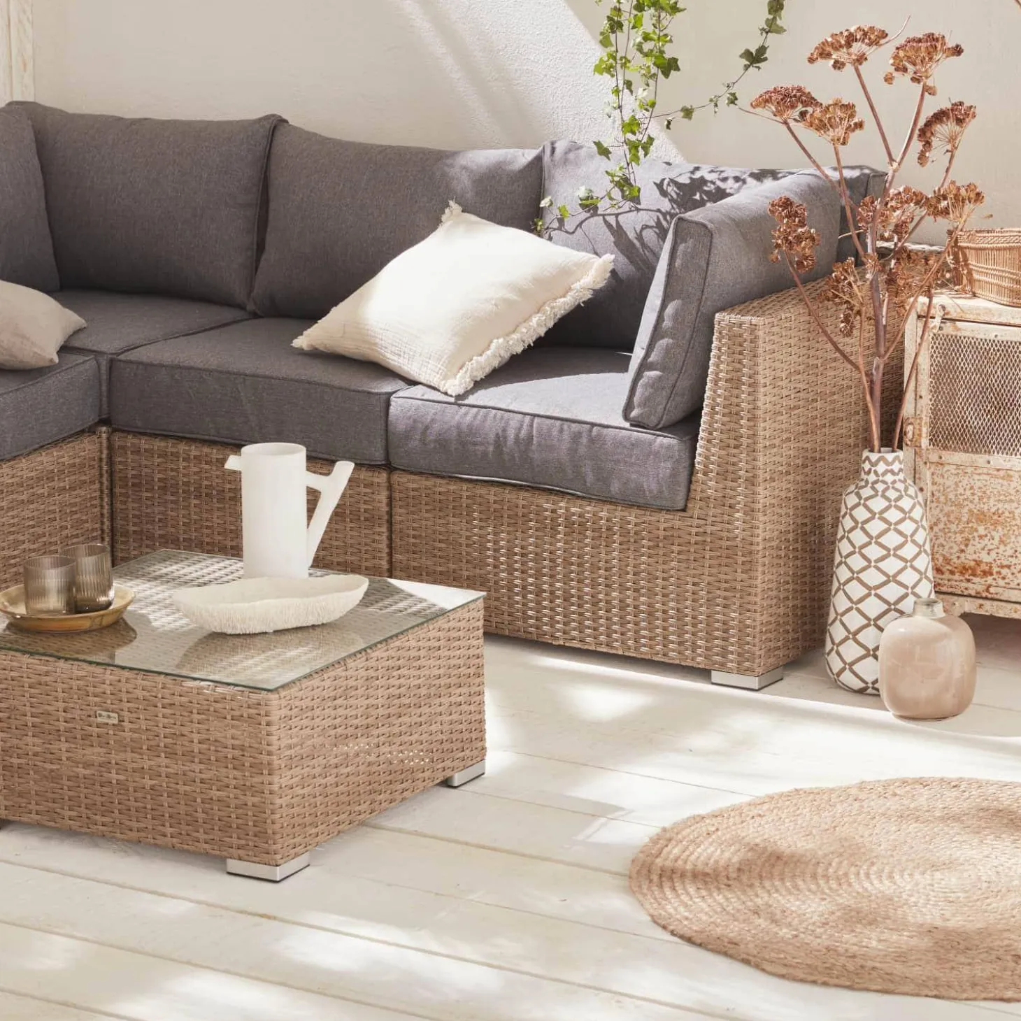 Hoek loungeset 5 plaatsen, rond wicker
