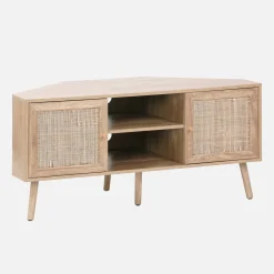 Hoek-TV-meubel in houtdecor en rotan, 2 deuren, 1 plank, 115 cm