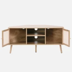 Hoek-TV-meubel in houtdecor en rotan, 2 deuren, 1 plank, 115 cm