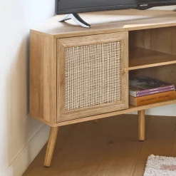 Hoek-TV-meubel in houtdecor en rotan, 2 deuren, 1 plank, 115 cm