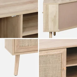 Hoek-TV-meubel in houtdecor en rotan, 2 deuren, 1 plank, 115 cm
