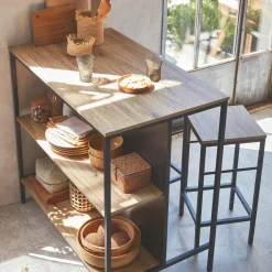 Hoge tafel van hout en metaal, 2 planken, 2 krukjes