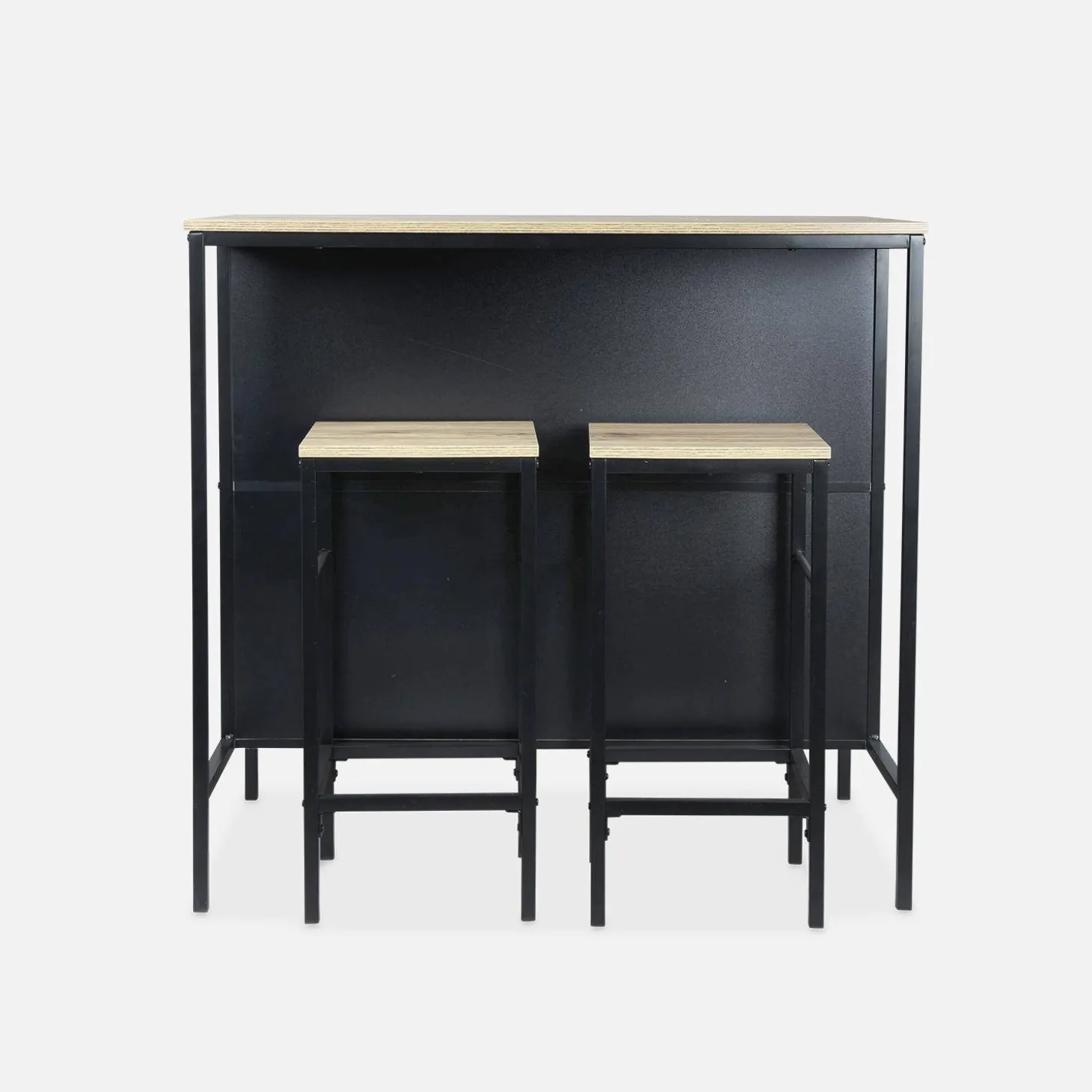 Hoge tafel van hout en metaal, 2 planken, 2 krukjes