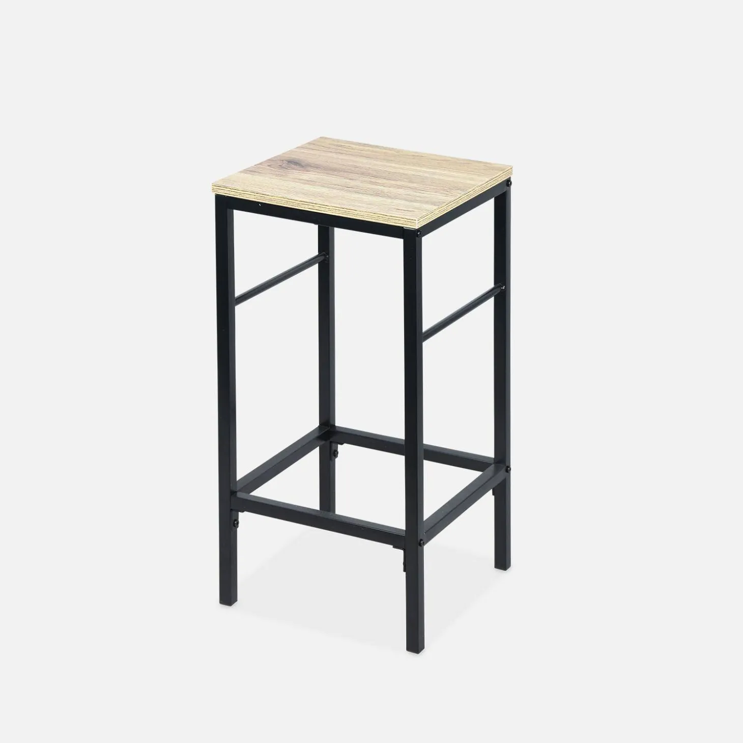 Hoge tafel van hout en metaal, 2 planken, 2 krukjes