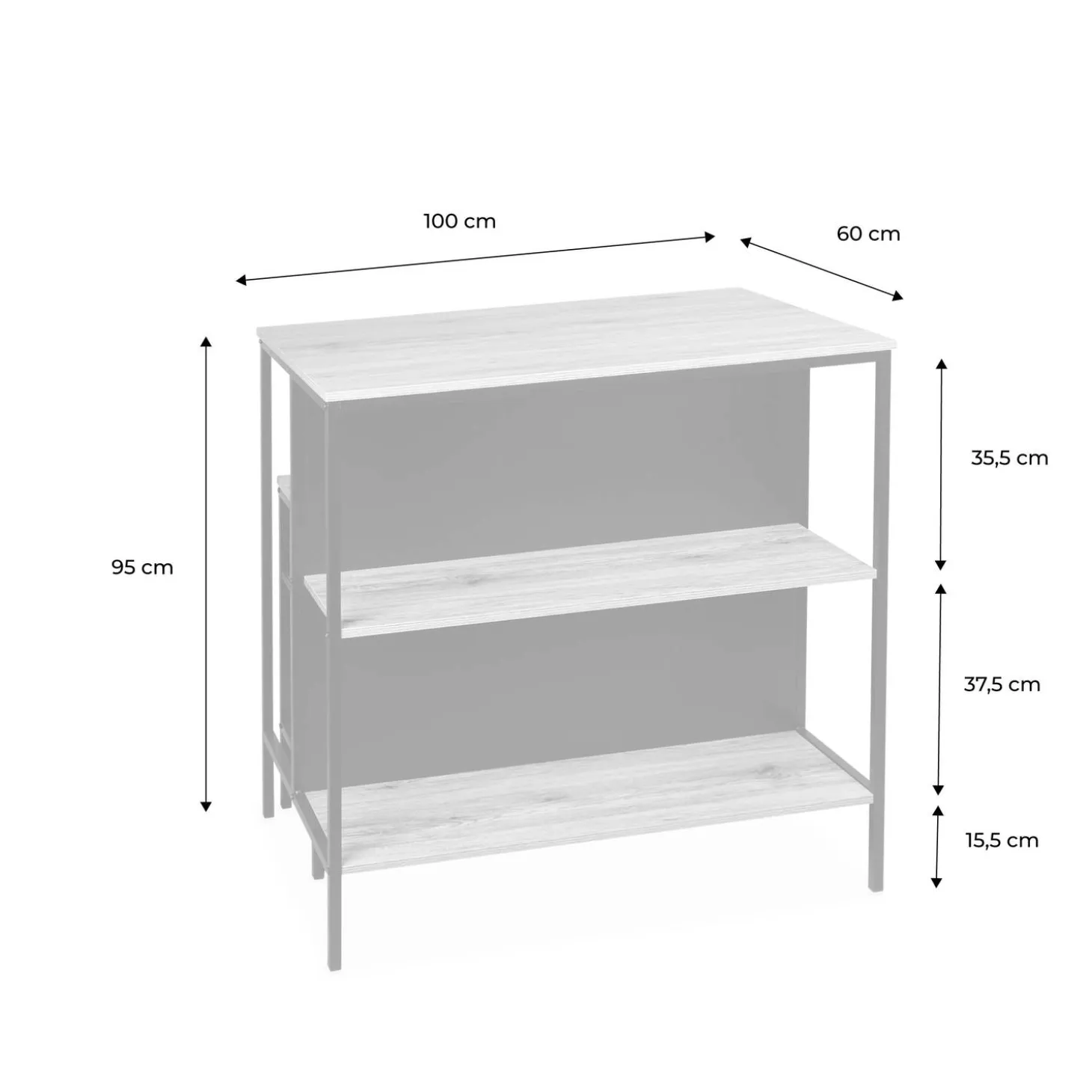 Hoge tafel van hout en metaal, 2 planken, 2 krukjes