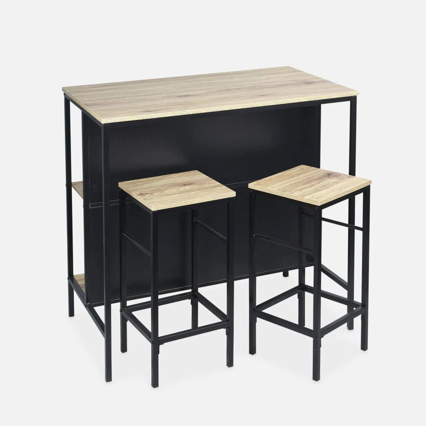 Hoge tafel van hout en metaal, 2 planken, 2 krukjes