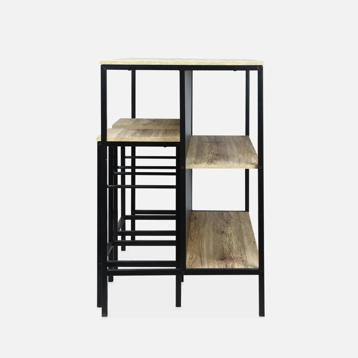 Hoge tafel van hout en metaal, 2 planken, 2 krukjes