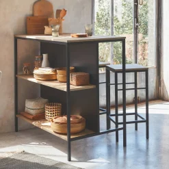 Hoge tafel van hout en metaal, 2 planken, 2 krukjes