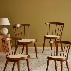 Houten en rotan stoelen (set van 4)