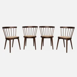 Houten en rotan stoelen (set van 4)