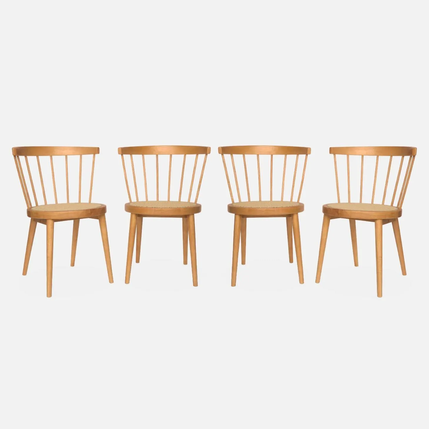 Houten en rotan stoelen (set van 4)