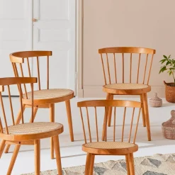 Houten en rotan stoelen (set van 4)