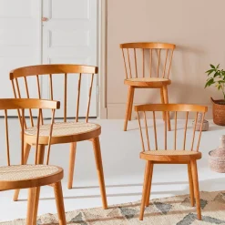 Houten en rotan stoelen (set van 4)