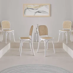 Houten en rotan vintage stoelen (set van 4)