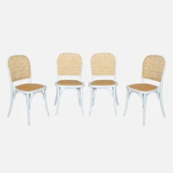 Houten en rotan vintage stoelen (set van 4)