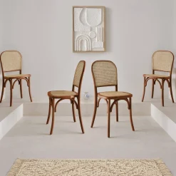 Houten en rotan vintage stoelen (set van 4)