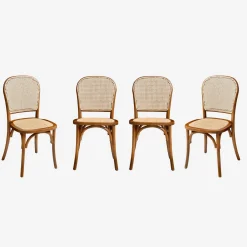 Houten en rotan vintage stoelen (set van 4)