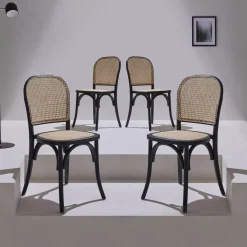 Houten en rotan vintage stoelen (set van 4)