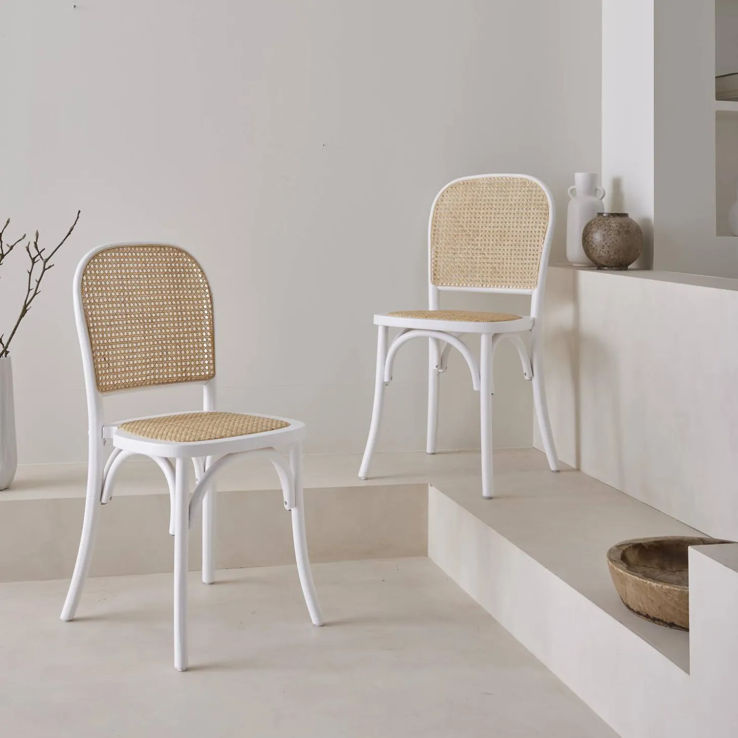 Houten en rotan vintage stoelen (set van 2)