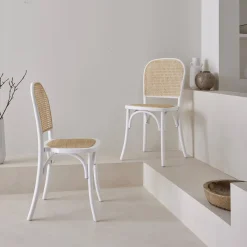 Houten en rotan vintage stoelen (set van 2)