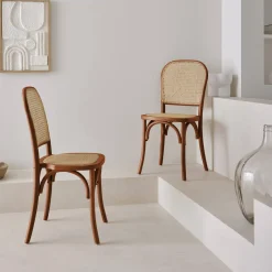 Houten en rotan vintage stoelen (set van 2)