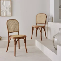 Houten en rotan vintage stoelen (set van 2)