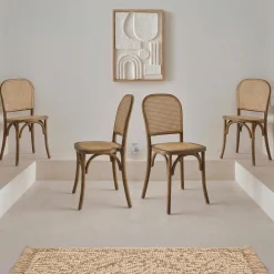 Houten en rotan vintage stoelen (set van 4)