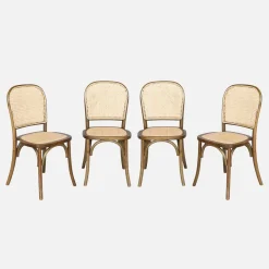 Houten en rotan vintage stoelen (set van 4)