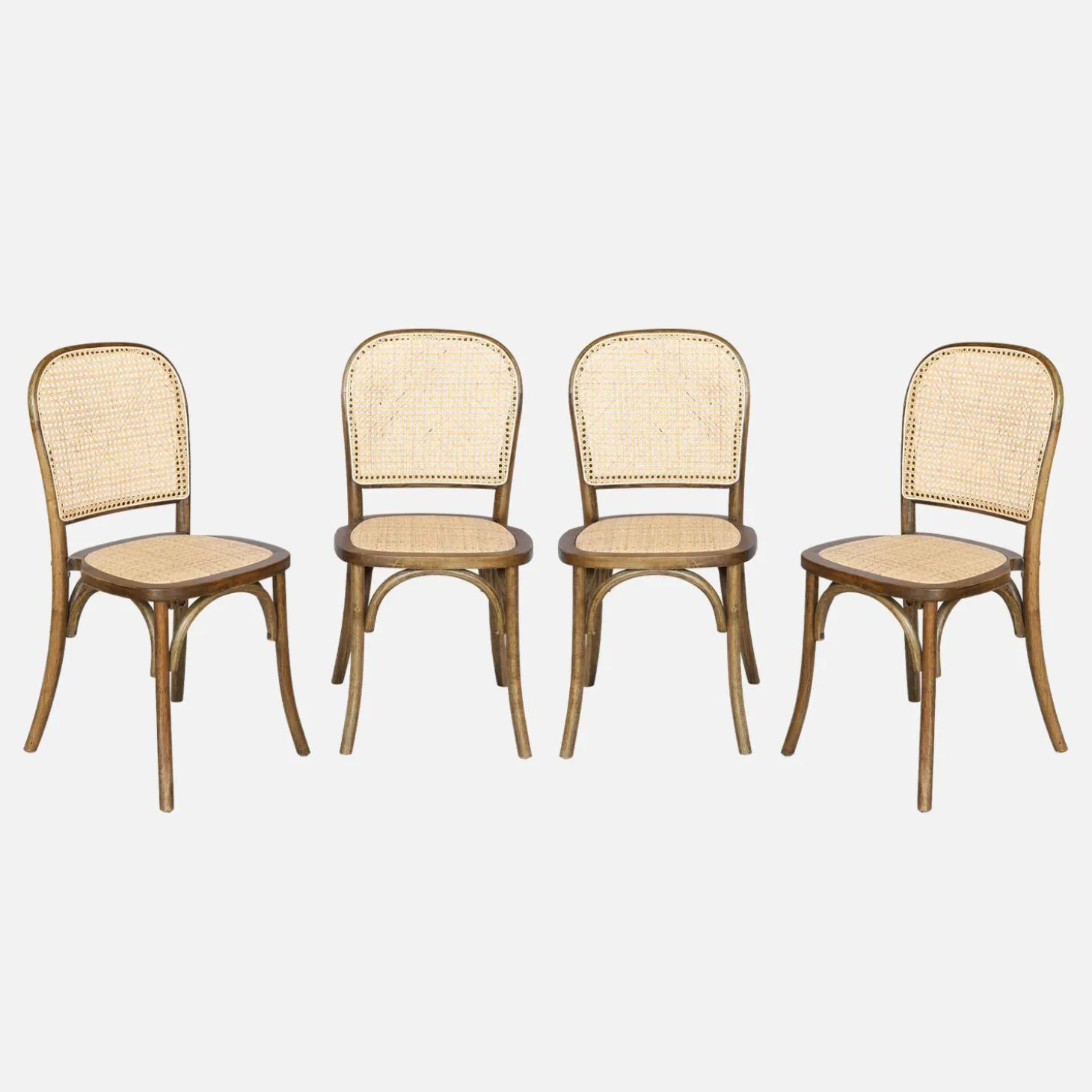 Houten en rotan vintage stoelen (set van 4)