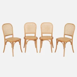 Houten en rotan vintage stoelen (set van 4)