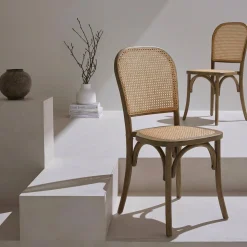 Houten en rotan vintage stoelen (set van 2)